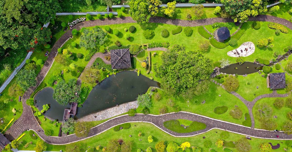 Stunning aerial shot capturing a lush garden with pathways, ponds, and vibrant greens.